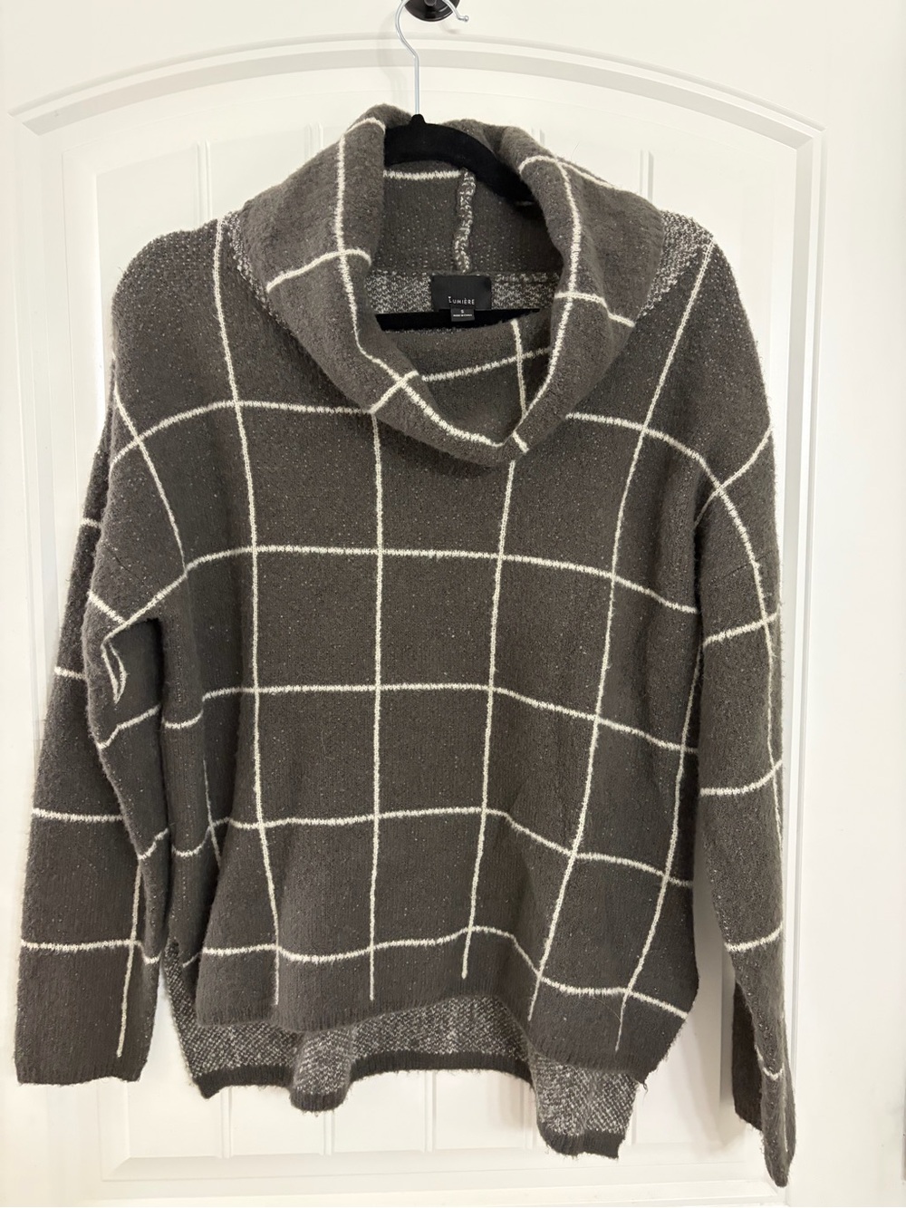 Anthropology Lumiere Cozy Windowpane Cowl Neck Sweater - Gray